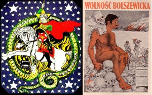 The cover of 'TROTSKY (The Graphic Biography)' took inspiration from these political cartoons of the time. On the left, Viktor Deni, an author working for the Russian Soviet Federative Socialist Republic (RSFSR) in 1918, depicts Trotsky as St. George, slaying the dragon of "counterrevolution". On the right, Polish government anti-communist poster to counter Bolshevik propaganda from Russia during the Polish-Russian war 1920, showing People's Commissar for the Army Lev Davidovich Bronstein (Leon Trotsky). Large caption reads: "Bolshevik freedom."